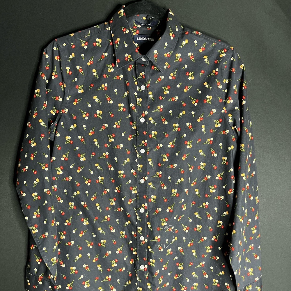 Lands end button down floral women’s top black all over print casual office 6